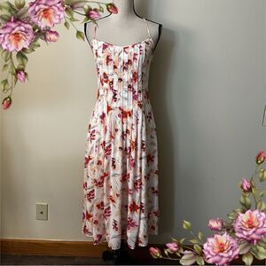 Banana Republic Pintuck White Pink Floral Spaghetti Straps Cross Midi Dress